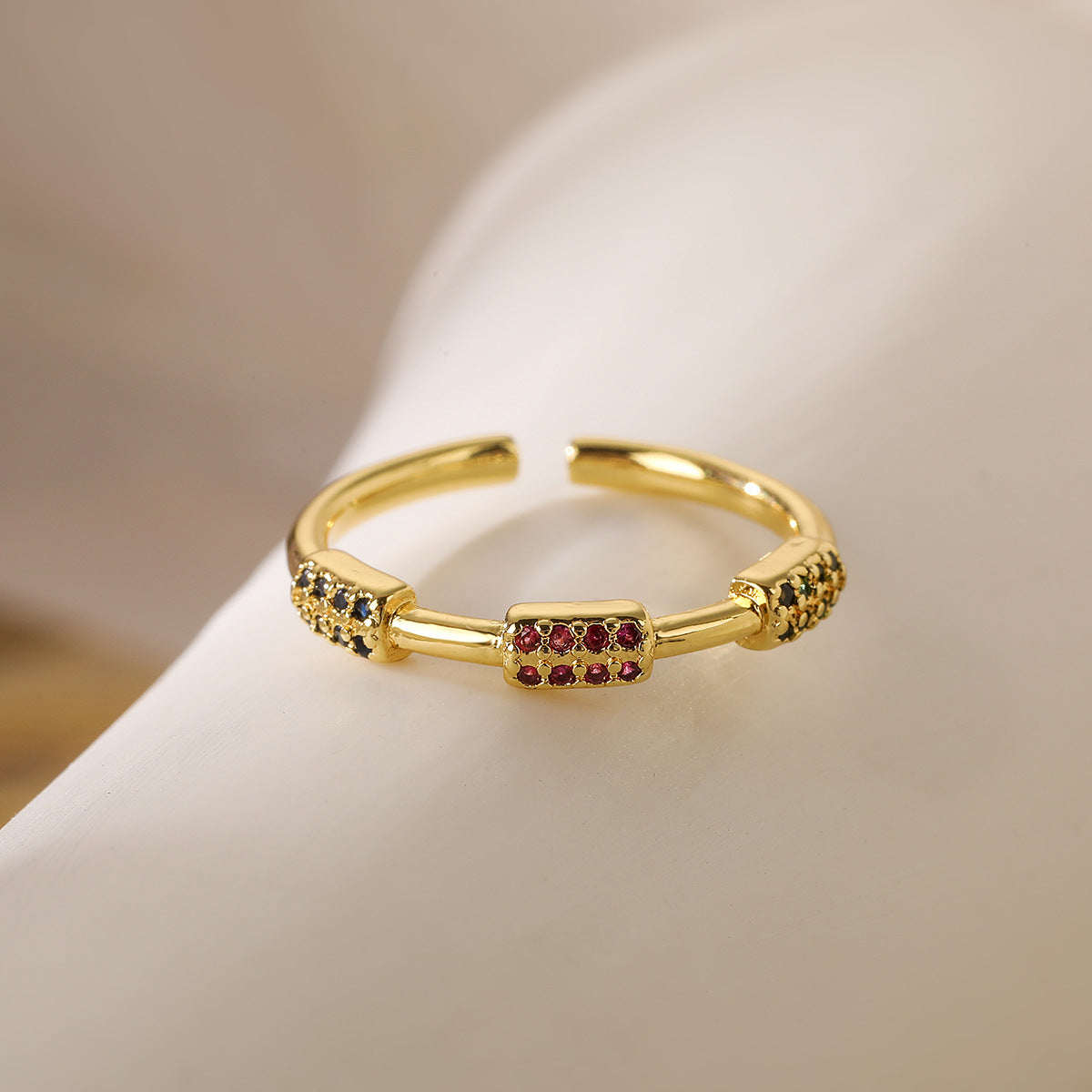 Minimalist Irregular Geometric Open Ring for Women in Copper with Gold Plating and Zircon Inlay