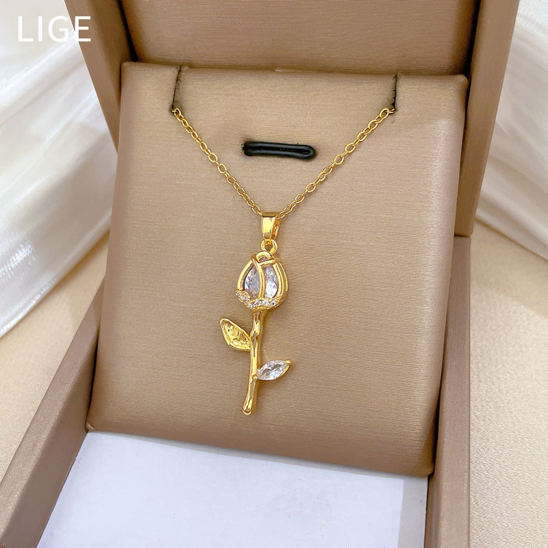 Luxury Titanium Steel Geometric Tulip Rhinestone Pendant Necklace for Women with Adjustable Chain