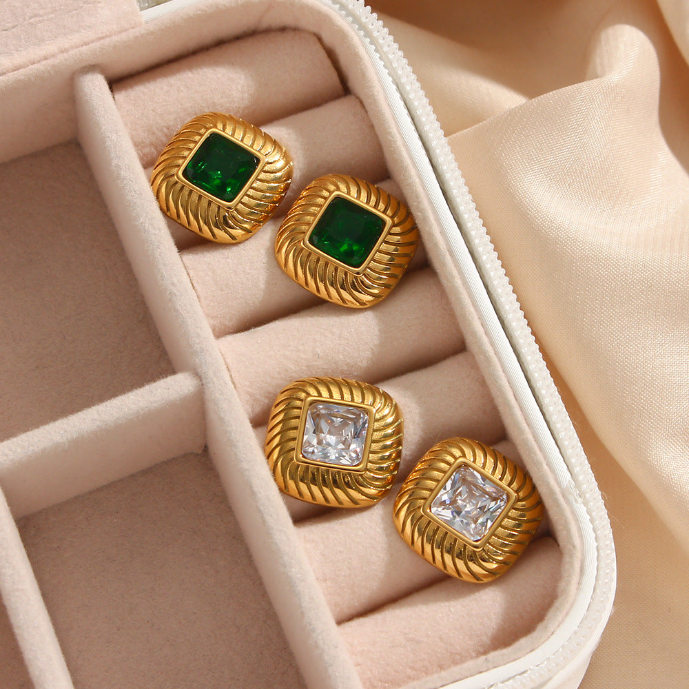 Pendientes de rombo geométricos de acero inoxidable de moda con baño de oro de 18 quilates e incrustaciones de circonitas para mujer