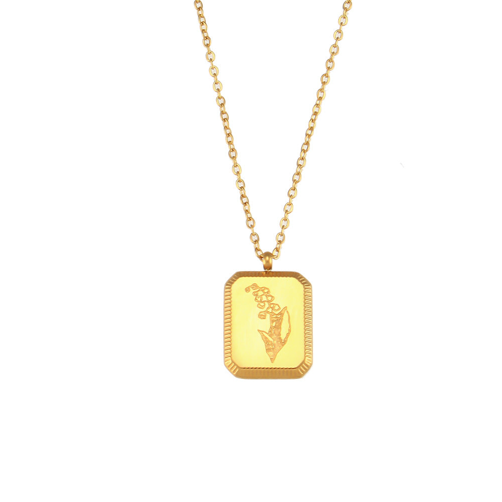 Fashionable Floral Embossed Square Pendant Necklace for Women in Stainless Steel with Plated Finish