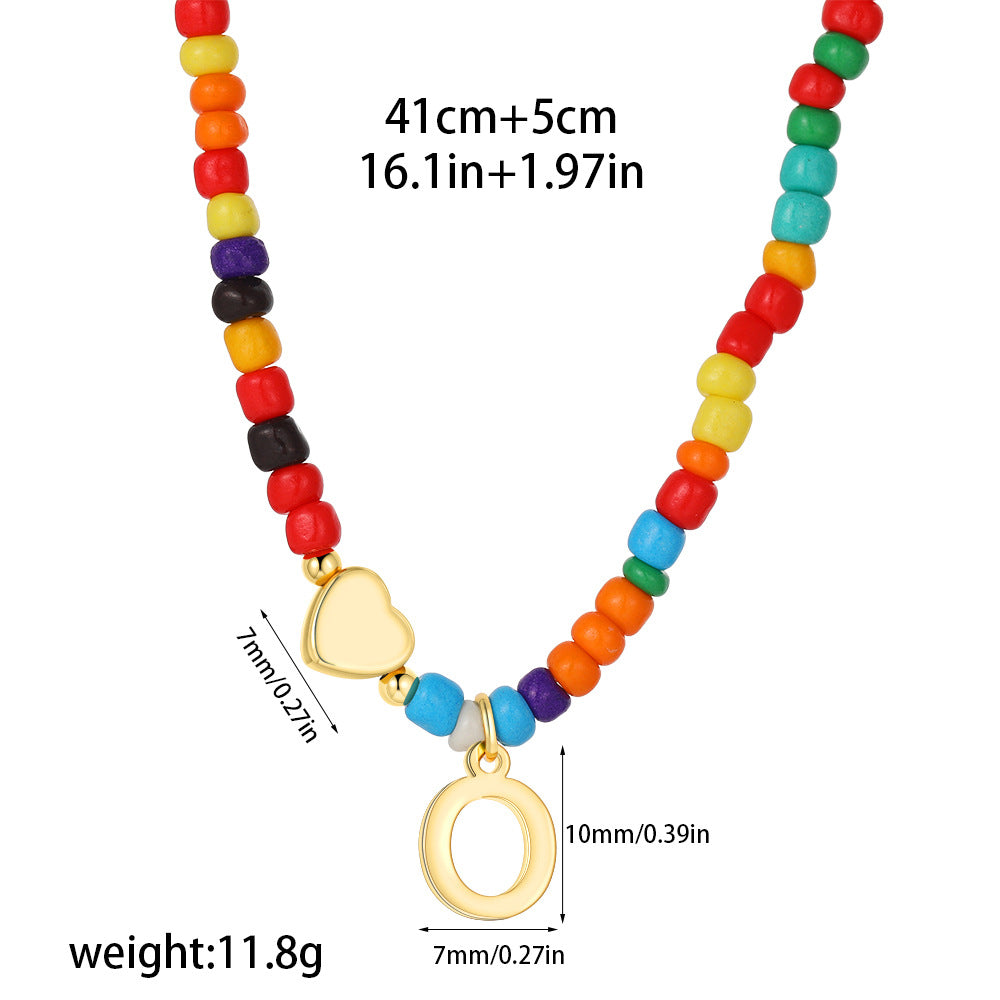 Collana Unisex Casual Placcata Oro 14K con Ciondolo a Cuore Lettera e Perline in Acciaio Inossidabile