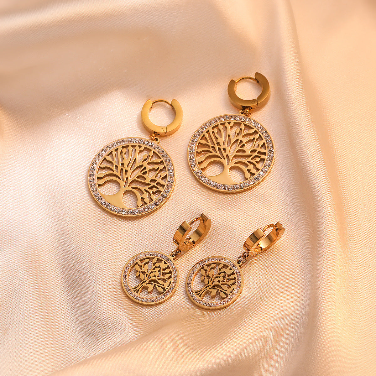 Minimalist Geometric Tree-Shaped Titanium Steel Earrings with Gold Plating and Zircon Inlay for Women