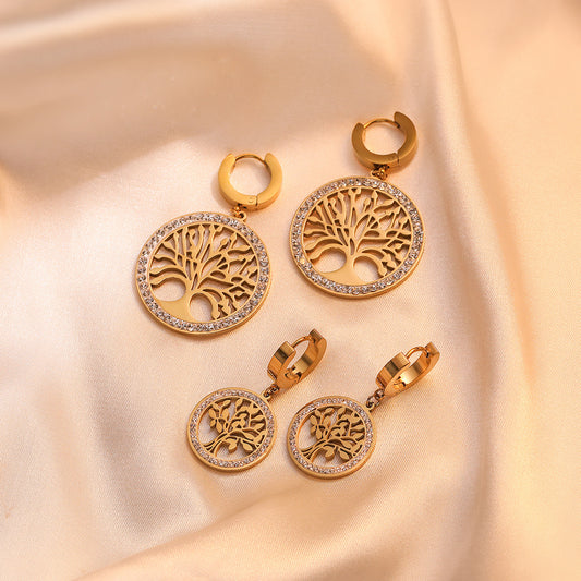 Orecchini da donna minimalisti in acciaio al titanio a forma di albero, placcati oro e con intarsio in zircone