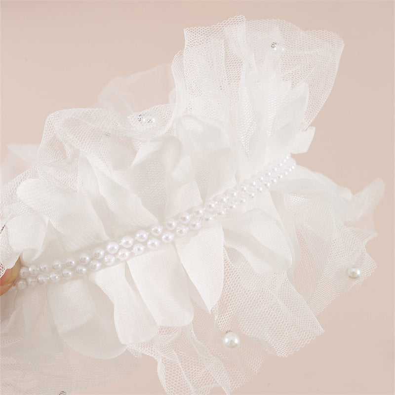 Diadema Minimalista de Tul de Dos Capas con Adornos de Perlas y Diseño Geométrico para Niñas