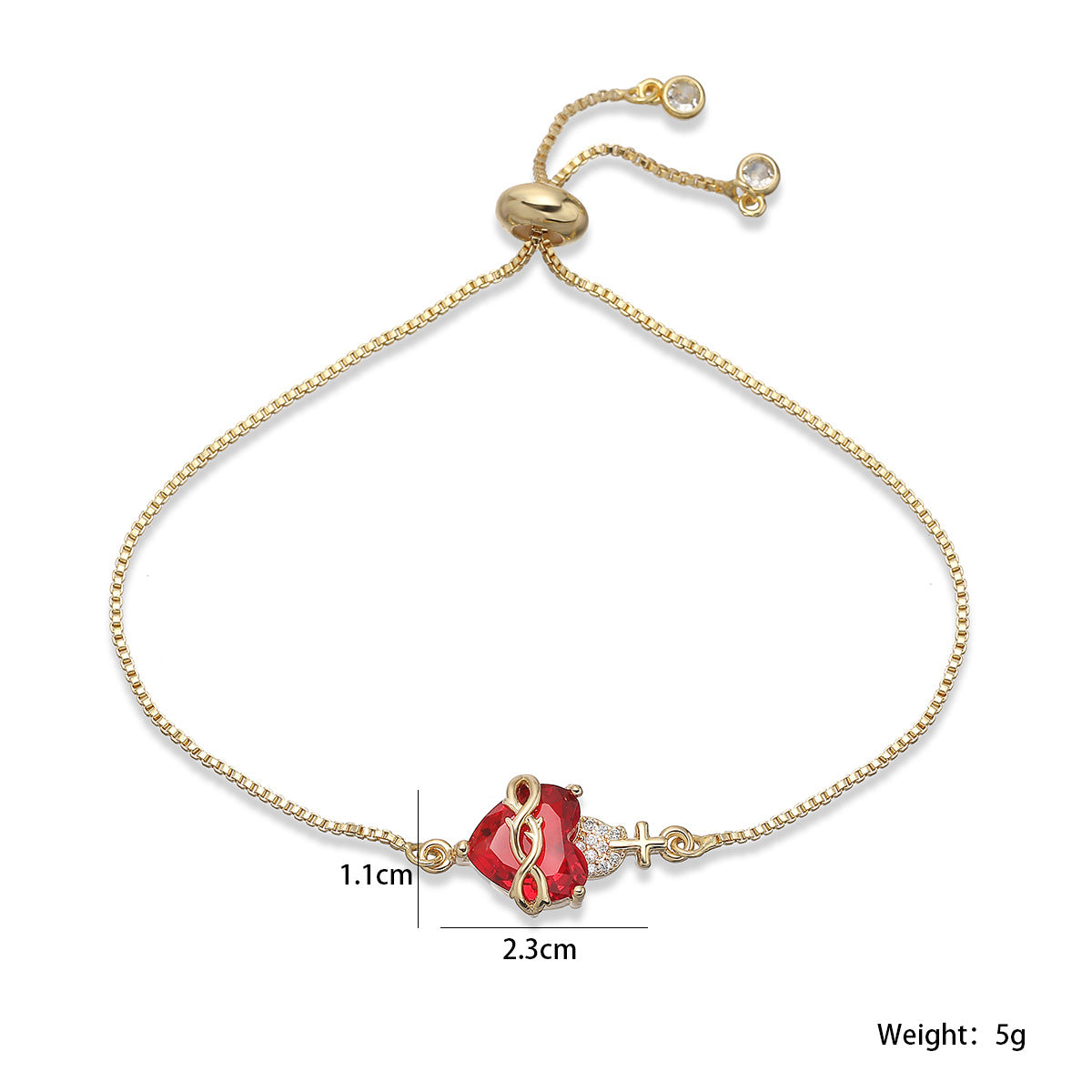 Red Cubic Zirconia Heart Cross Geometric Gold Plated Brass Bracelet for Women
