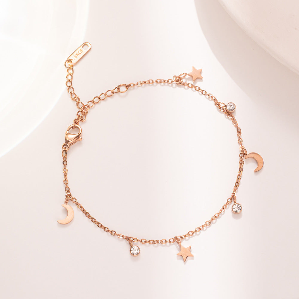 Bracciale geometrico minimalista con stelle e luna in acciaio al titanio placcato oro 18 carati da donna