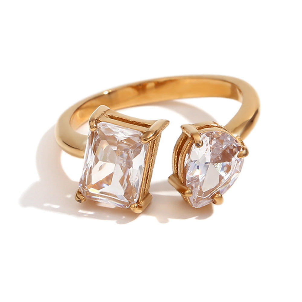 Creative Geometric Stainless Steel Ring with 18K Gold Plating and Square Zirconia Accent for Women
