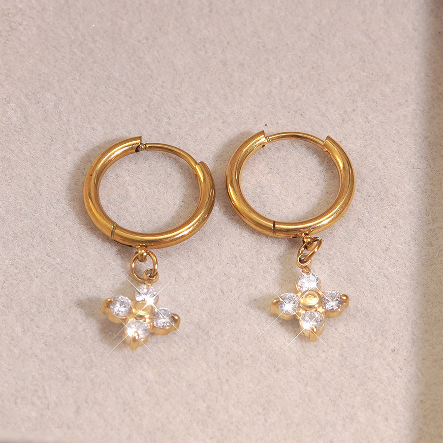 Minimalist Luxury Floral Stainless Steel Gold Plated Cubic Zirconia Stud Earrings for Women