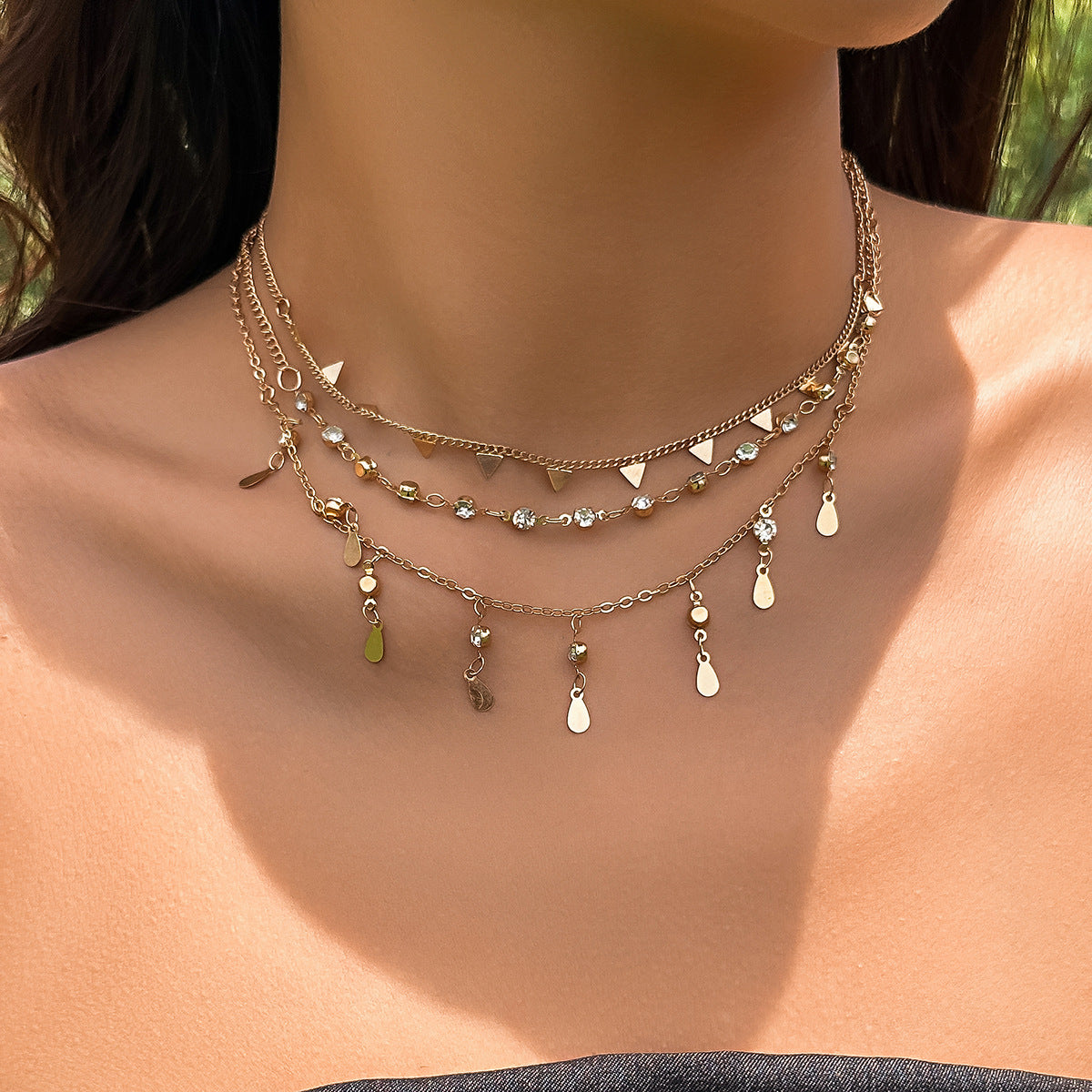 Vintage Ethnic Geometric Star Moon Alloy Plated Pendant Necklace with Curb Chain for Women