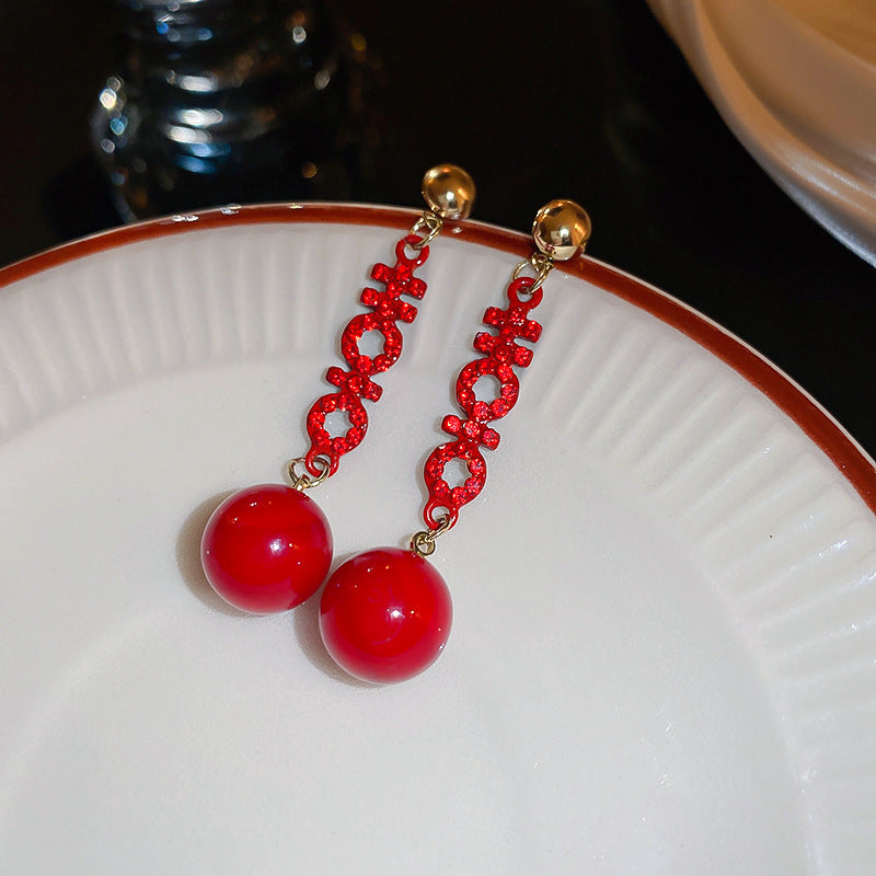 Elegant Geometric Dangle Stud Earrings for Women with Red Tassels, Alloy Base and Gold Plated Finish