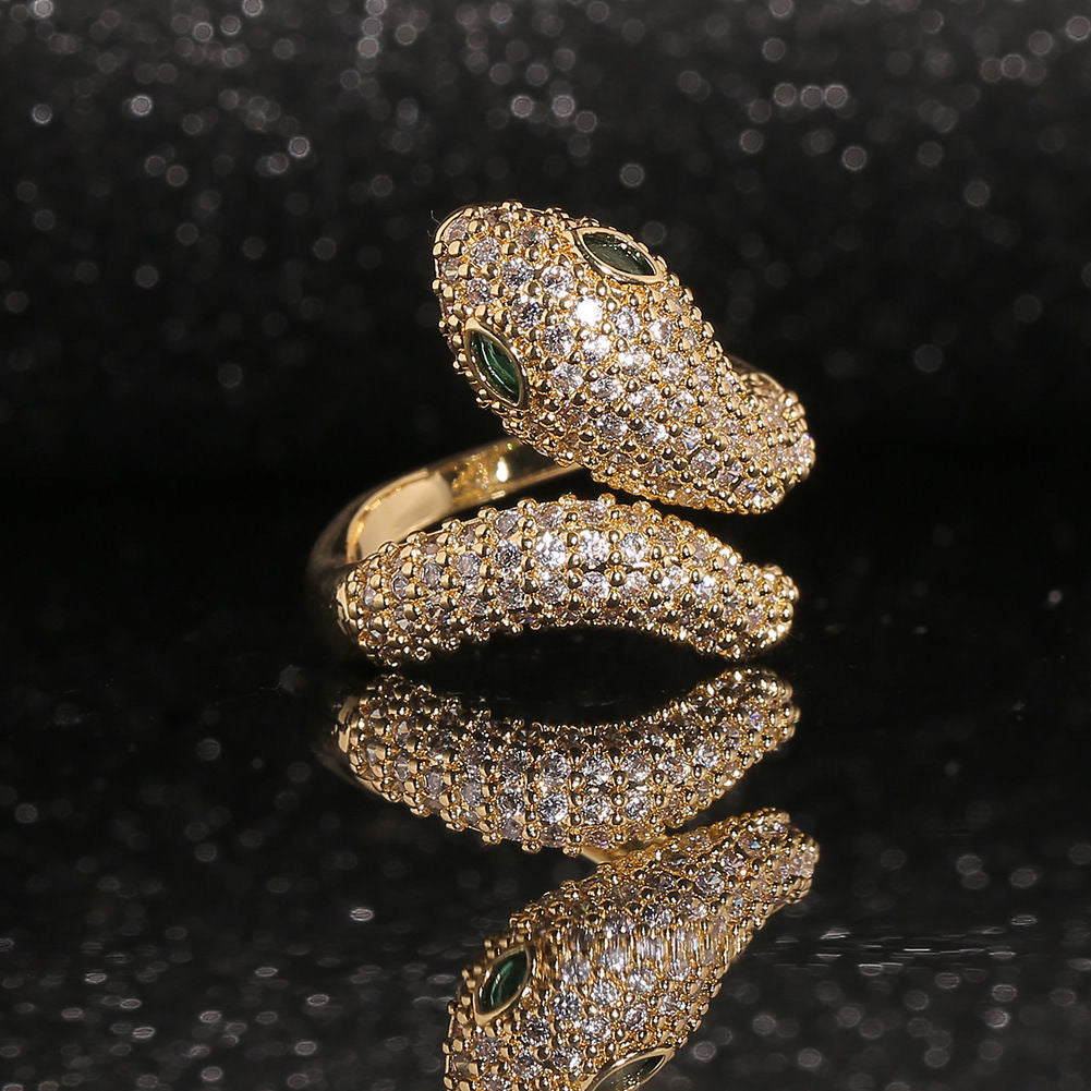 Elegant Snake-Shaped Open Ring with Zirconia Green Eyes in Alloy with Plated Finish for Women