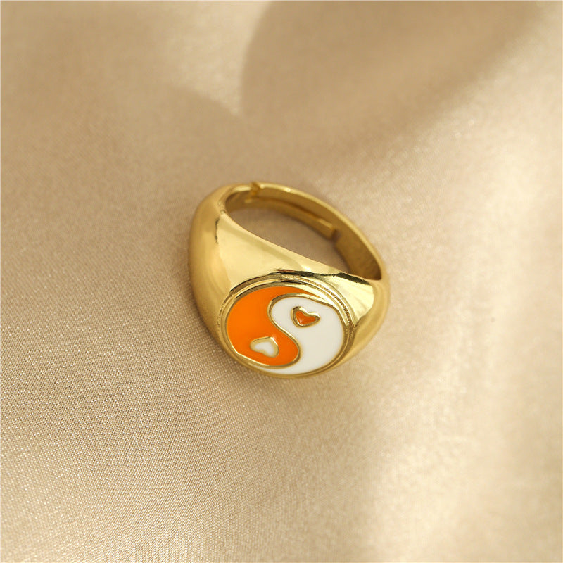Colorful Drip Oil Heart Geometric Brass Ring with 18K Gold Plating Adjustable
