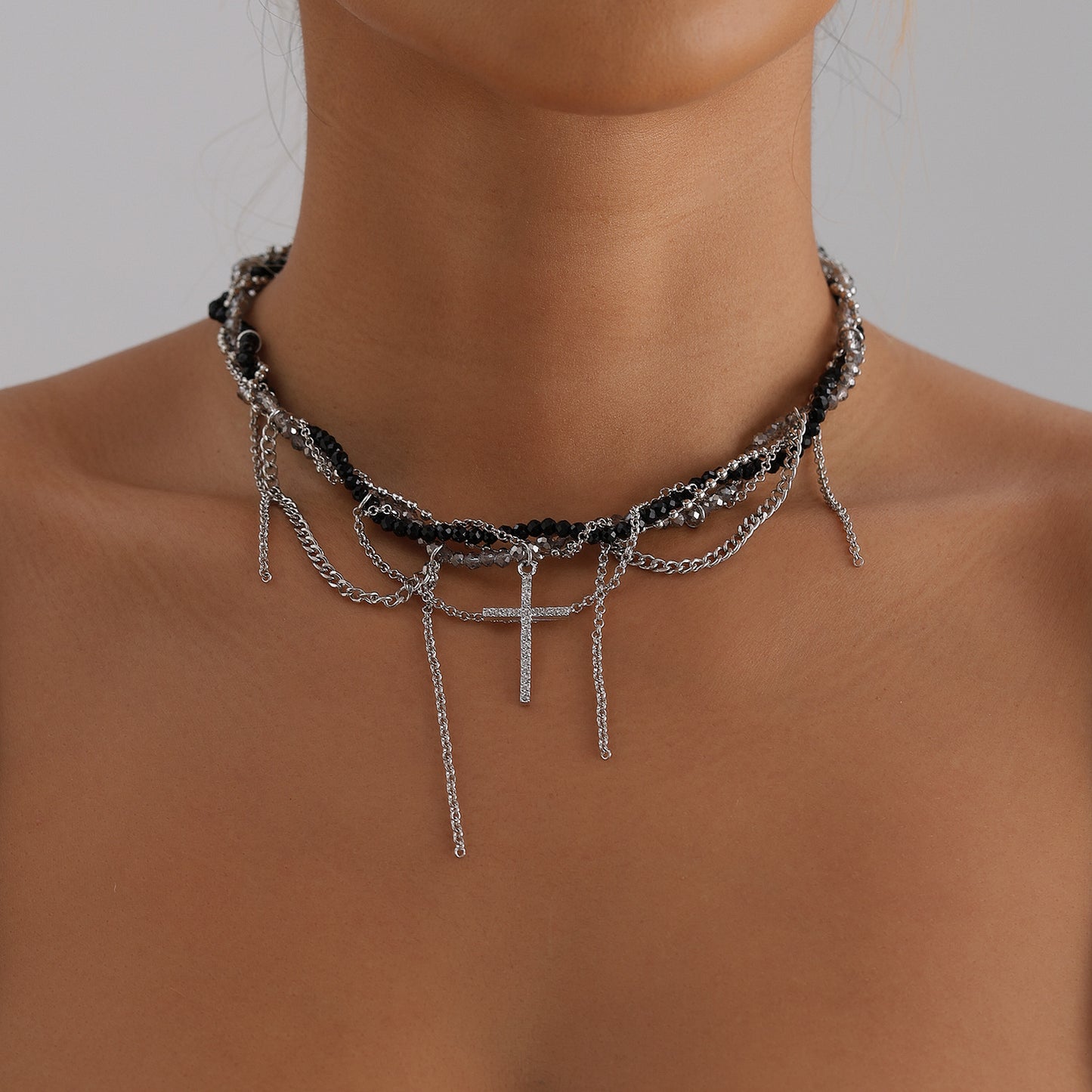Fashionable Cross Pendant Snake Chain Necklace with Rhinestone Inlay in Alloy with Plating Finish for Women