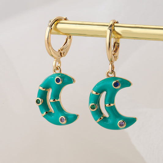 Orecchini bohémien a forma di luna in rame placcato oro con finitura smaltata da donna