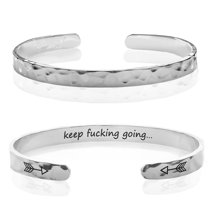 Minimalist Stainless Steel Engraved Open Moon Surface Textured Hammered Bracelet
