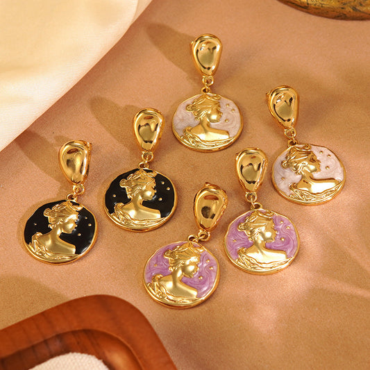 Vintage Geometric Round Drip Oil Stainless Steel Earrings
