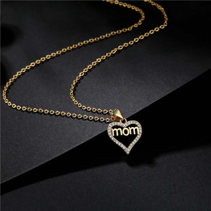 Gold Plated Brass Heart Letter Mom Pendant Necklace with Micro Inlay