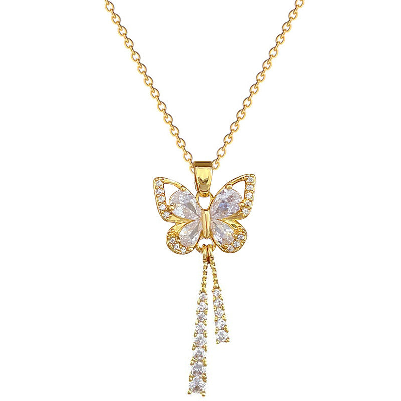 Luxury Butterfly Geometric Rhinestone Pendant Necklace Titanium Steel Chain for Women and Men