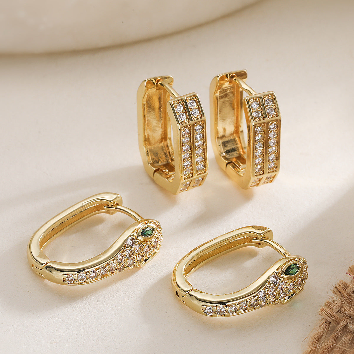 Luxury Hip-hop Geometric Gold Plated Brass Snake Chain Earrings with Cubic Zirconia for Women