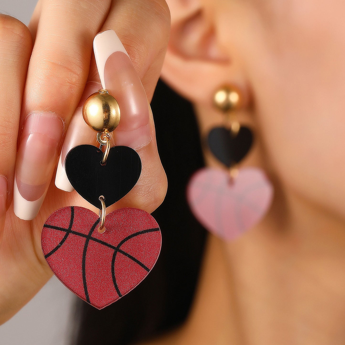 Vintage Acrylic Heart Stud Earrings with Sports Ball Print for Women