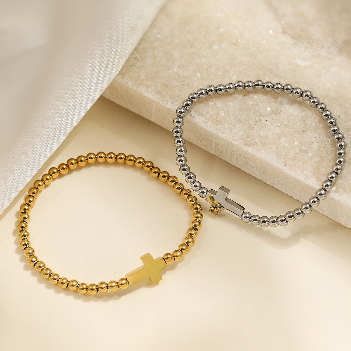 Minimalist Cross Pendant Beaded Bracelet for Women in Stainless Steel with 18K Gold Plating