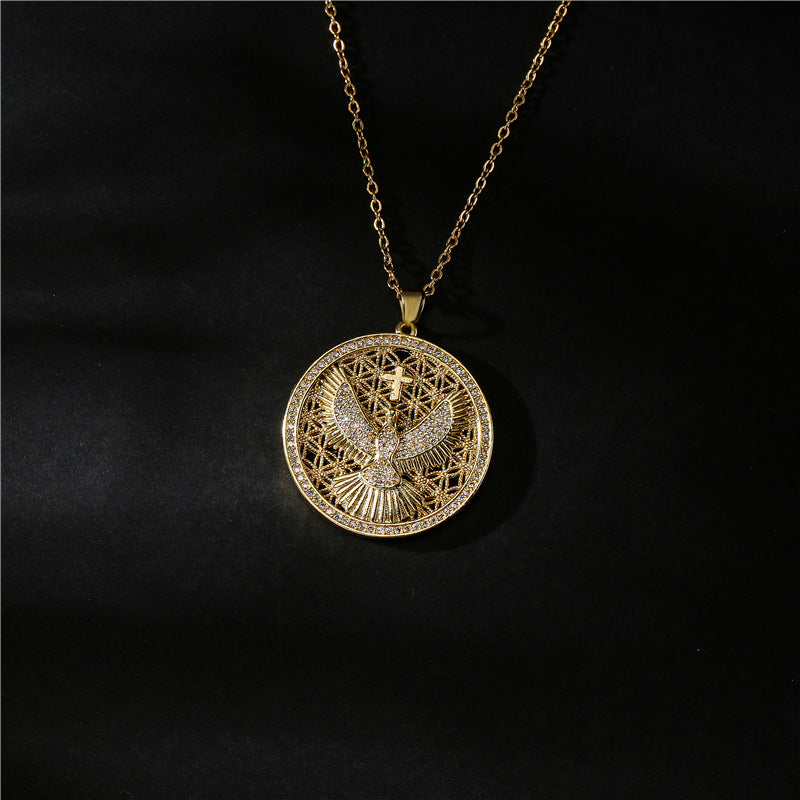 Punk Round Eagle Micro-inlay Brass Pendant Necklace with Box Chain