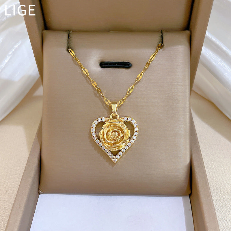 Sweet Elegant Heart Rose Cubic Zirconia Titanium Steel Necklace for Unisex