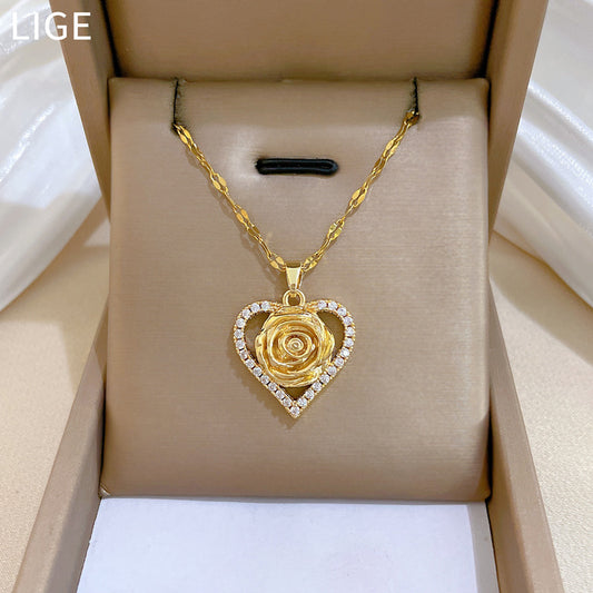 Sweet Elegant Heart Rose Cubic Zirconia Titanium Steel Necklace for Unisex