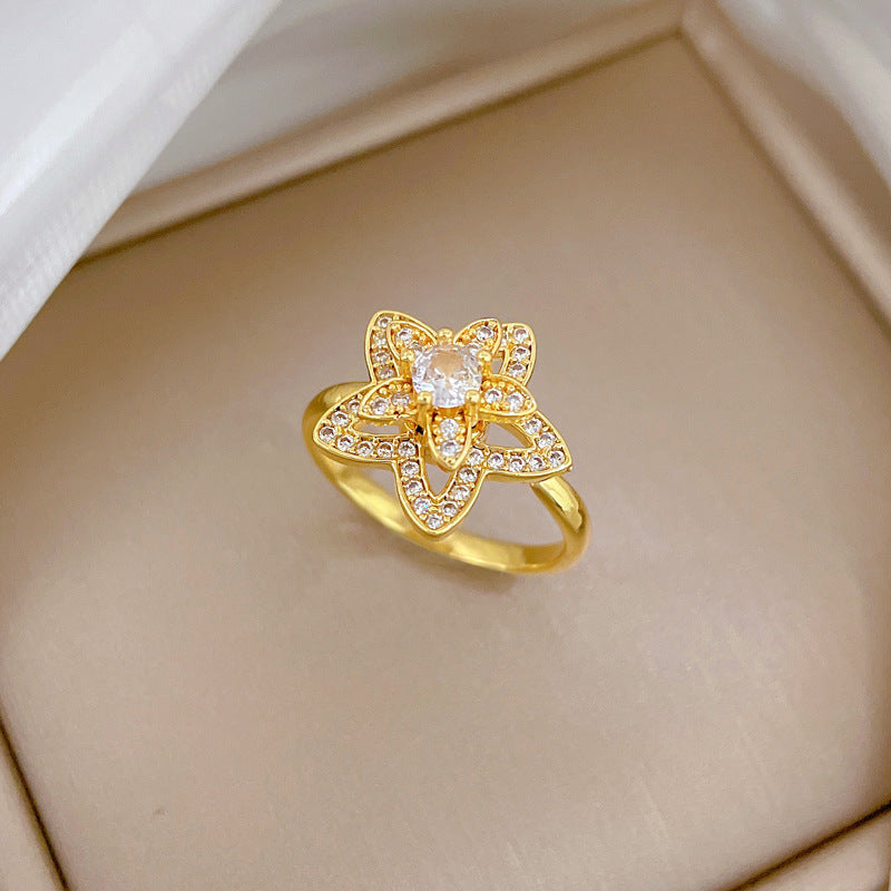 Minimalist Sweet Gold Plated Brass Floral Rotatable Adjustable Ring for Women and Couples