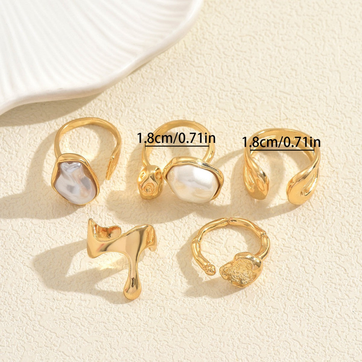 Set di anelli aperti da donna in lega di zinco con intarsi di perle, design geometrico minimalista a "U" e circolare