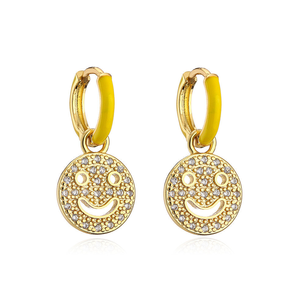 Sweet Geometric Drip Oil Brass Micro-Paved Cubic Zirconia 18K Gold Plated Smile Earrings