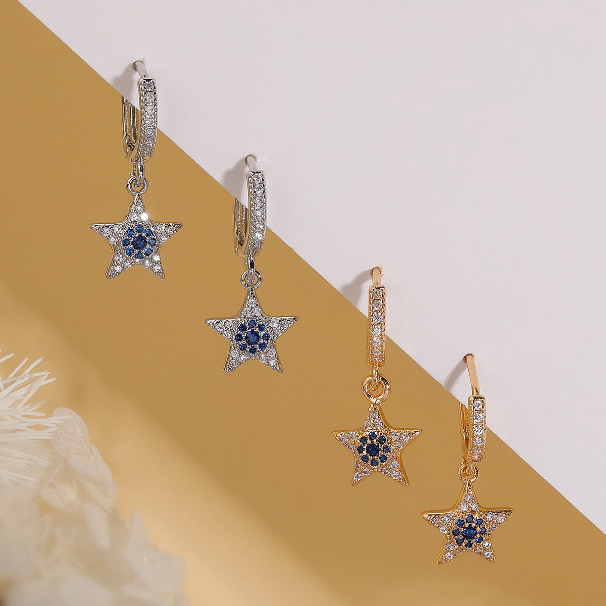 Minimalist Geometric Star-Shaped Copper Earrings with Real Gold Plating and Blue Zircon Accents for Women