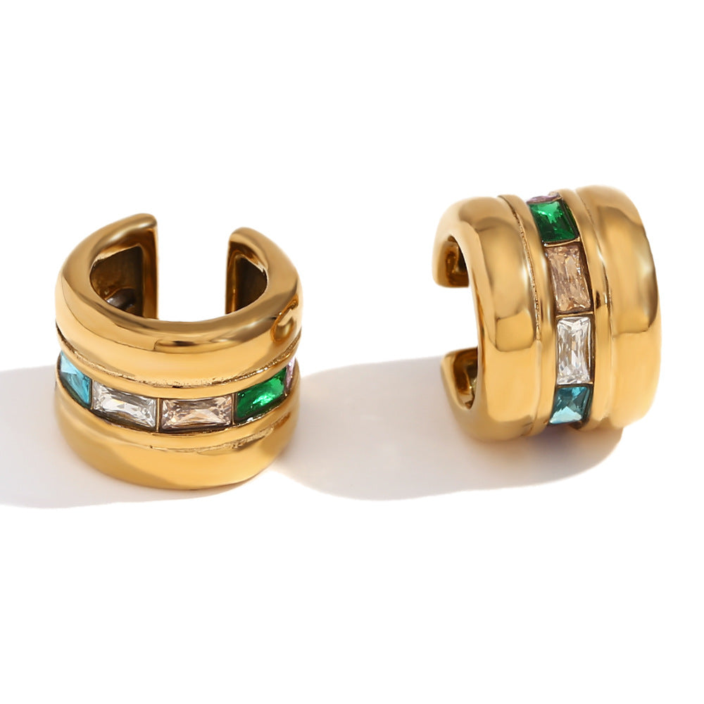 Fashionable Geometric Stainless Steel 18K Gold Plated Micro-Paved Rhinestone Clip-On Earrings for Women
