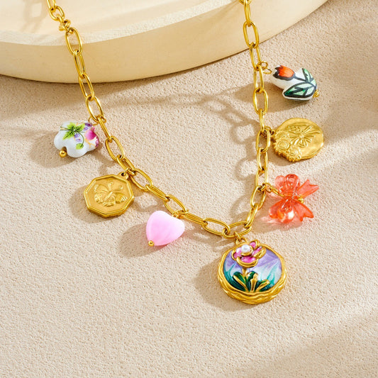 Vintage Elegant Gold Plated Enamel Round Flower Butterfly Stainless Steel Necklace and Bracelet Set for Women