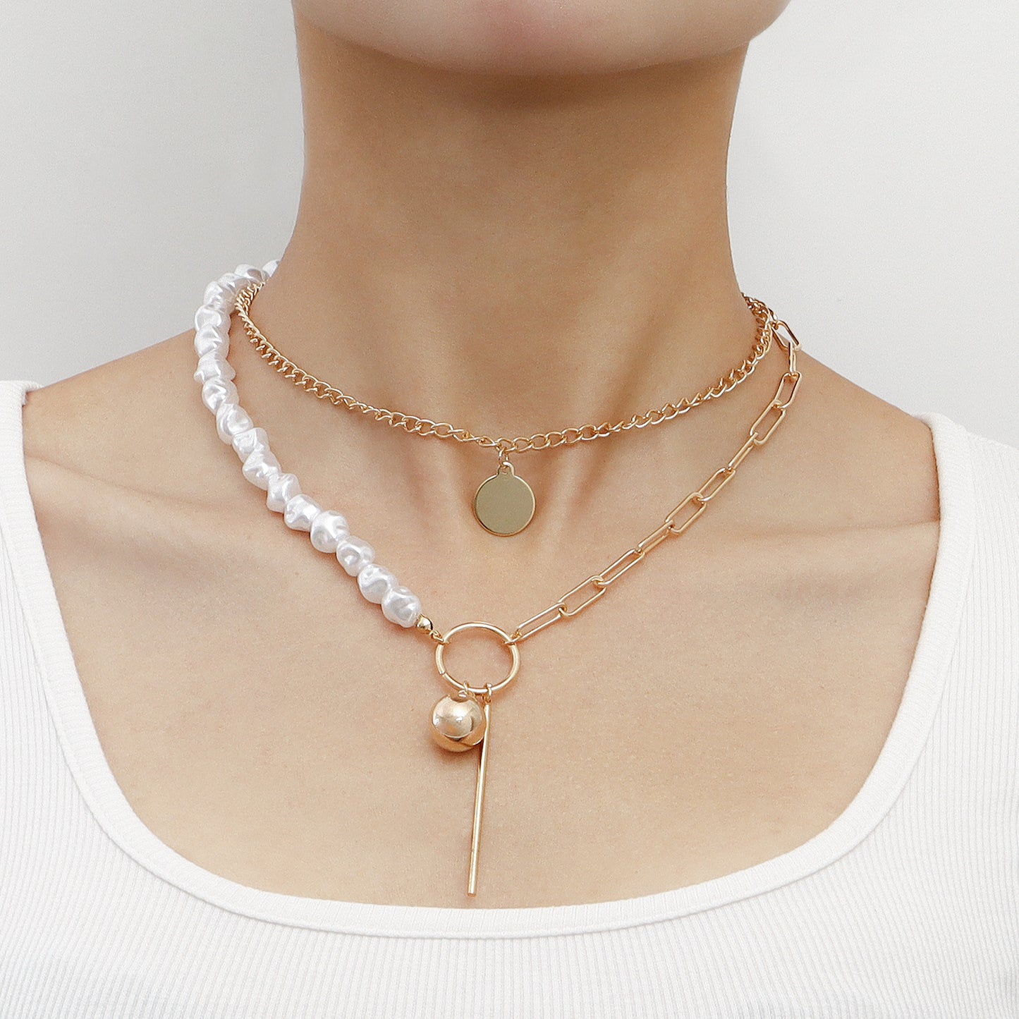 Geometric Fashion Necklace with Bar Pendant and Spherical Accents, Alloy Chain with Electroplated Finish for Women