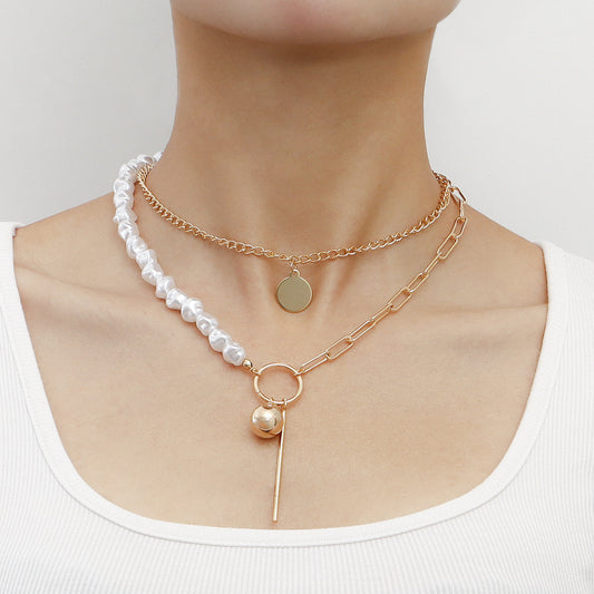Collana di Moda Geometrica con Pendente a Barra e Accenti Sferici, Catena in Lega con Finitura Elettroplaccata da Donna