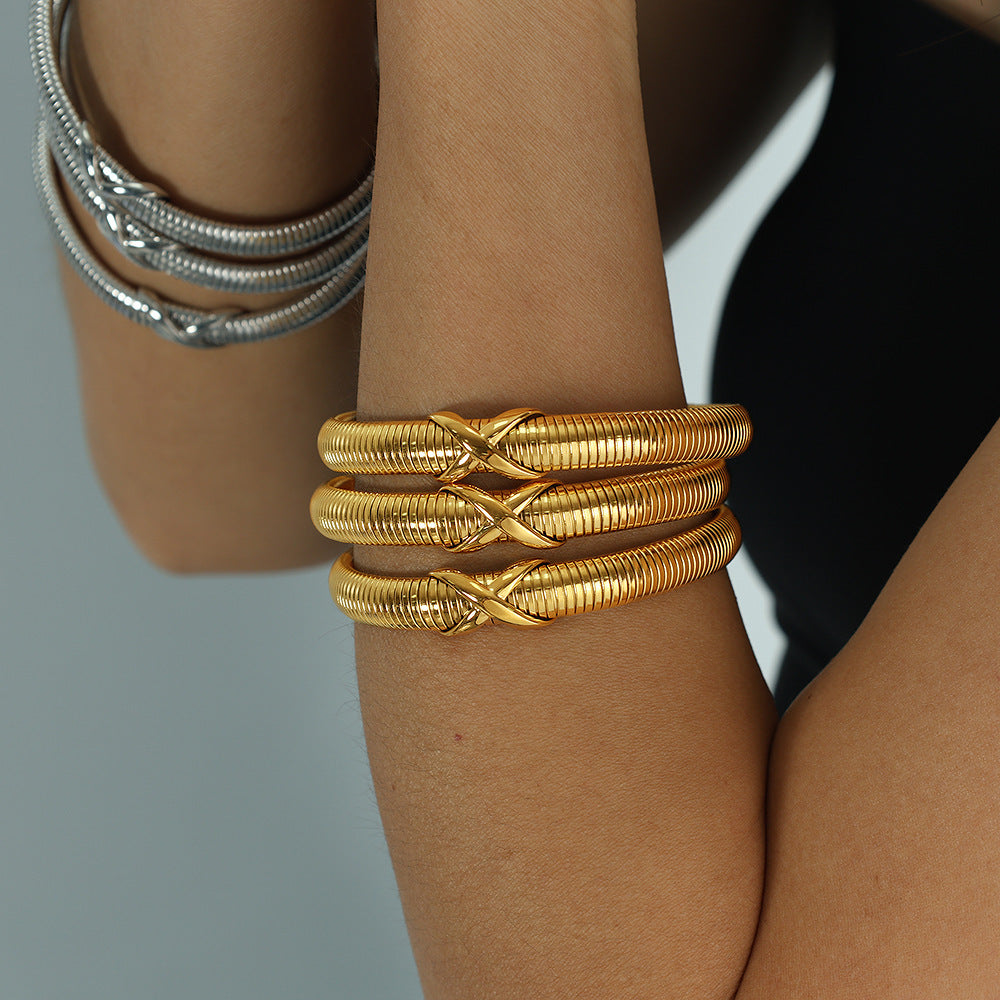 Sweet Punk 18K Gold Plated Alloy Geometric Crossover Knot Elastic Bangle for Women
