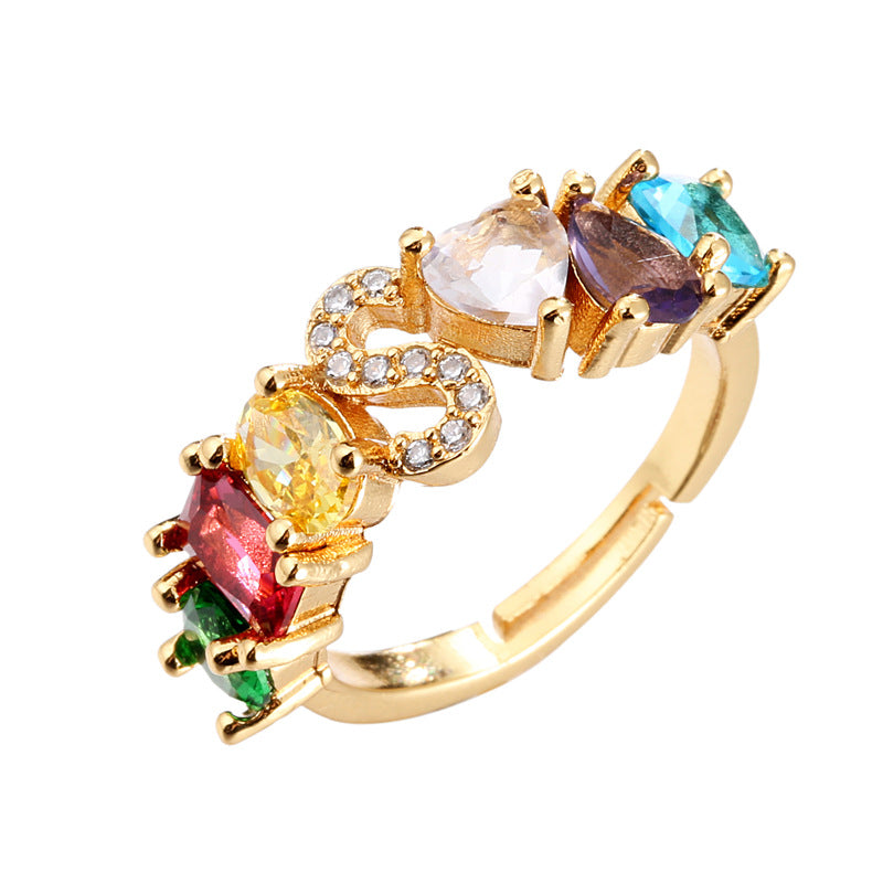 Hand-Set Cubic Zirconia Letter Open Ring Gold Plated Brass Adjustable Women