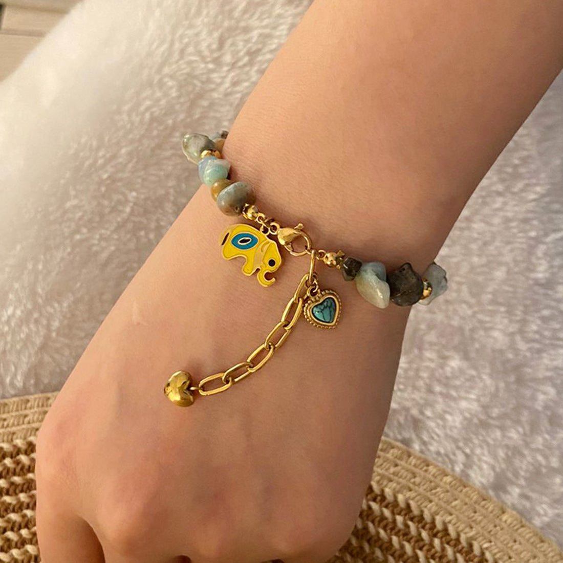Bracciale da donna in acciaio inossidabile a forma di cuore con perline e motivo a occhio - Design originale