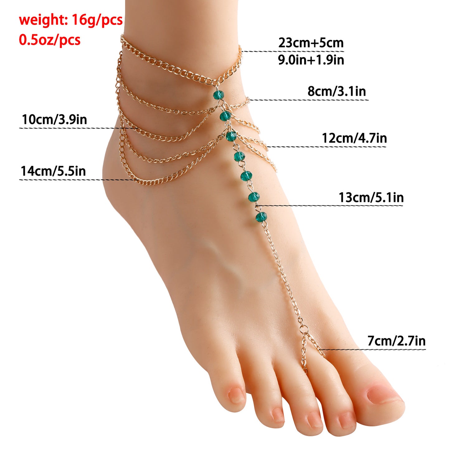 Geometric Alloy Anklet for Women with Colorful Glass Beads and Multi-Layer Metal Chain