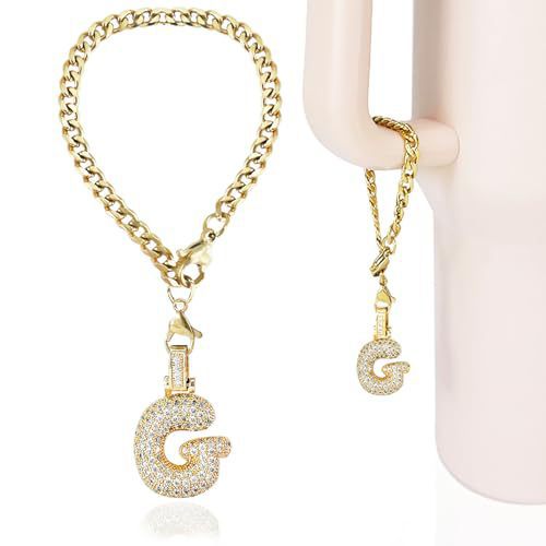 Cubic Zirconia Inlaid Brass Letter Charm Bar with Plated Finish