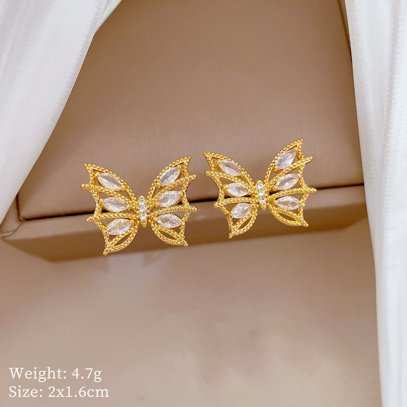 Sweet Elegant Rhinestone Plated Titanium Steel Butterfly Geometric Necklace and Earring Set for Women