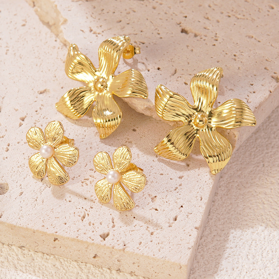 Luxury Floral Stainless Steel Stud Earrings with Pearl Inlay for Women