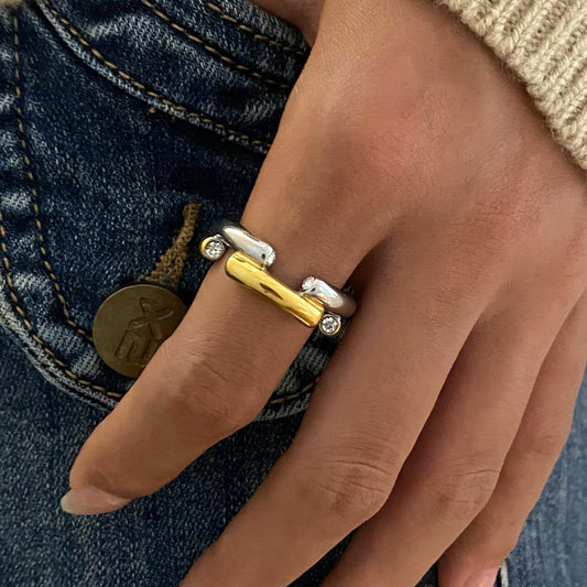 Geometric Stainless Steel Zirconia Ring with Plated Finish for Women