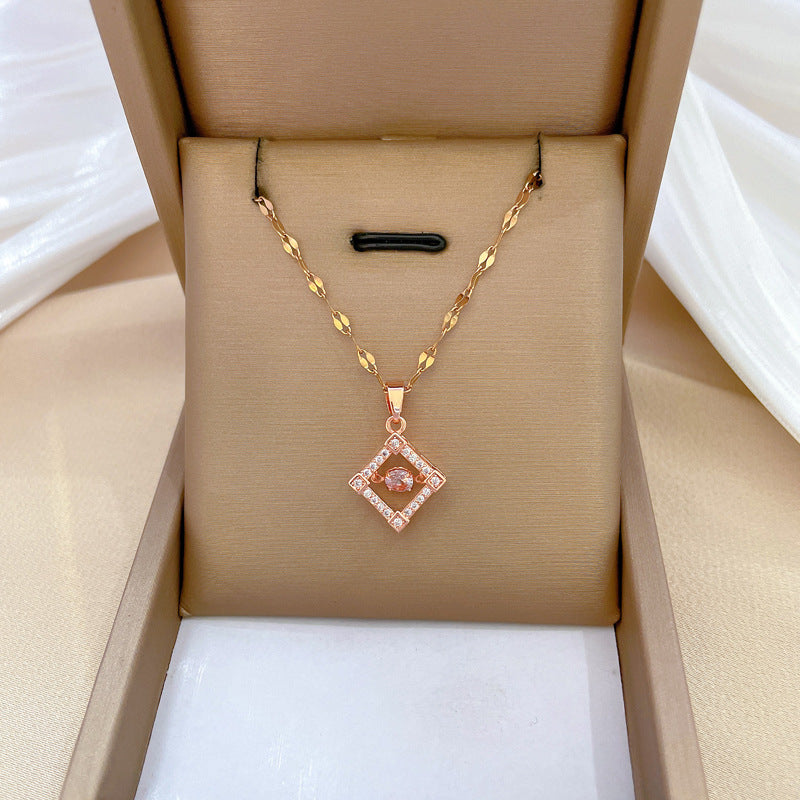 Luxury Geometric Titanium Steel Pendant Necklace for Women with Rhinestone Inlay, Delicate Clavicle Chain Style