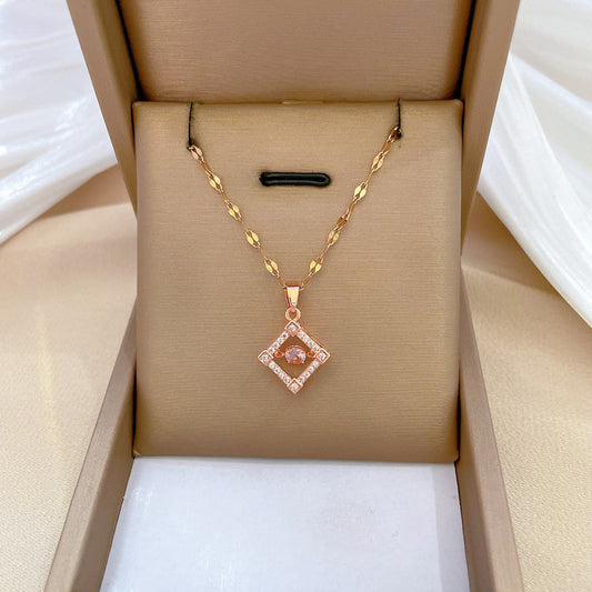 Collar de lujo de acero de titanio geométrico para mujer con incrustaciones de diamantes de imitación, estilo de cadena de clavícula delicada
