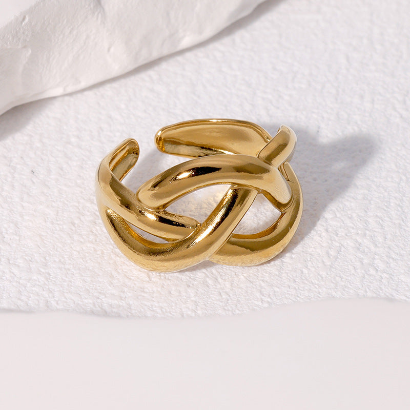 Anillo Minimalista Geométrico de Acero Inoxidable con Diseño Trenzado Entrelazado y Banda Abierta Ajustable para Mujer