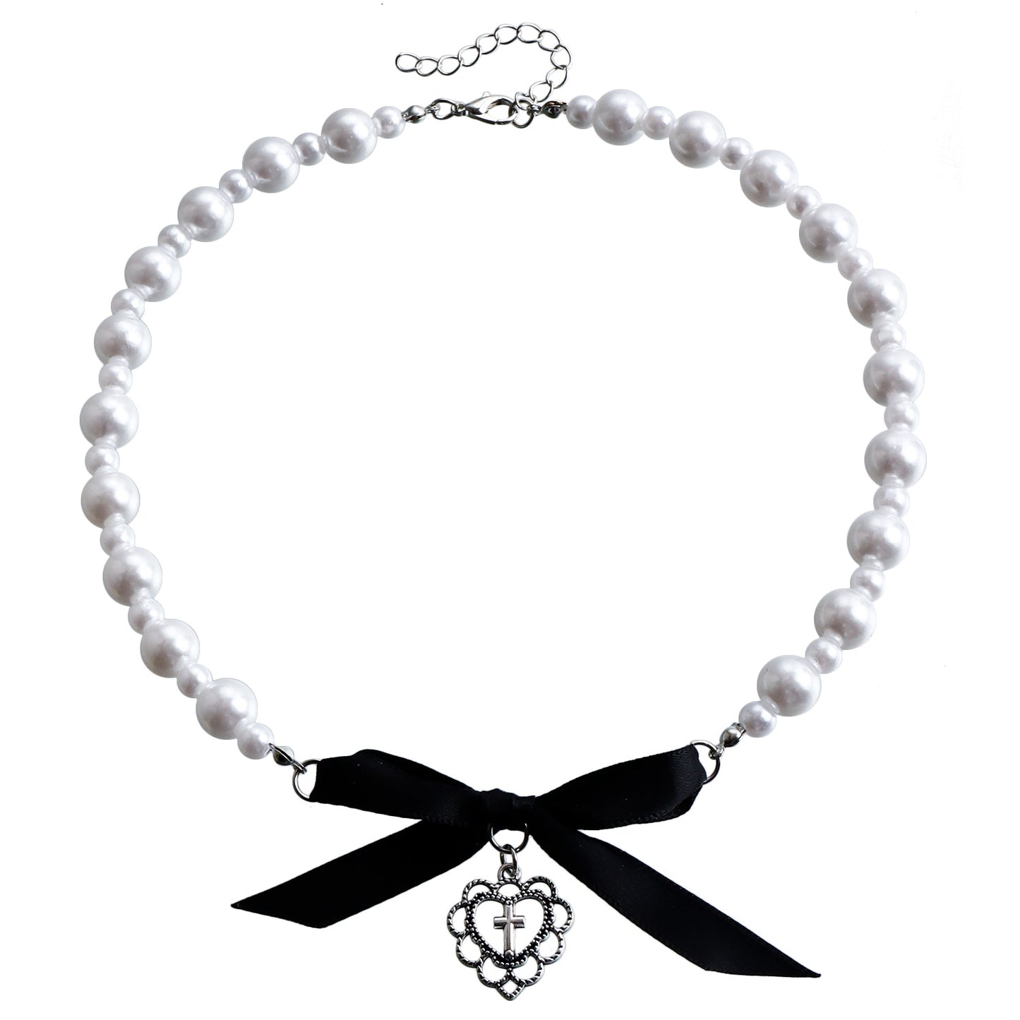 Collana con pendente a cuore romantico e croce con perline acriliche e fiocco in nastro di raso, lega placcata oro, catena sottile, stile chic vintage