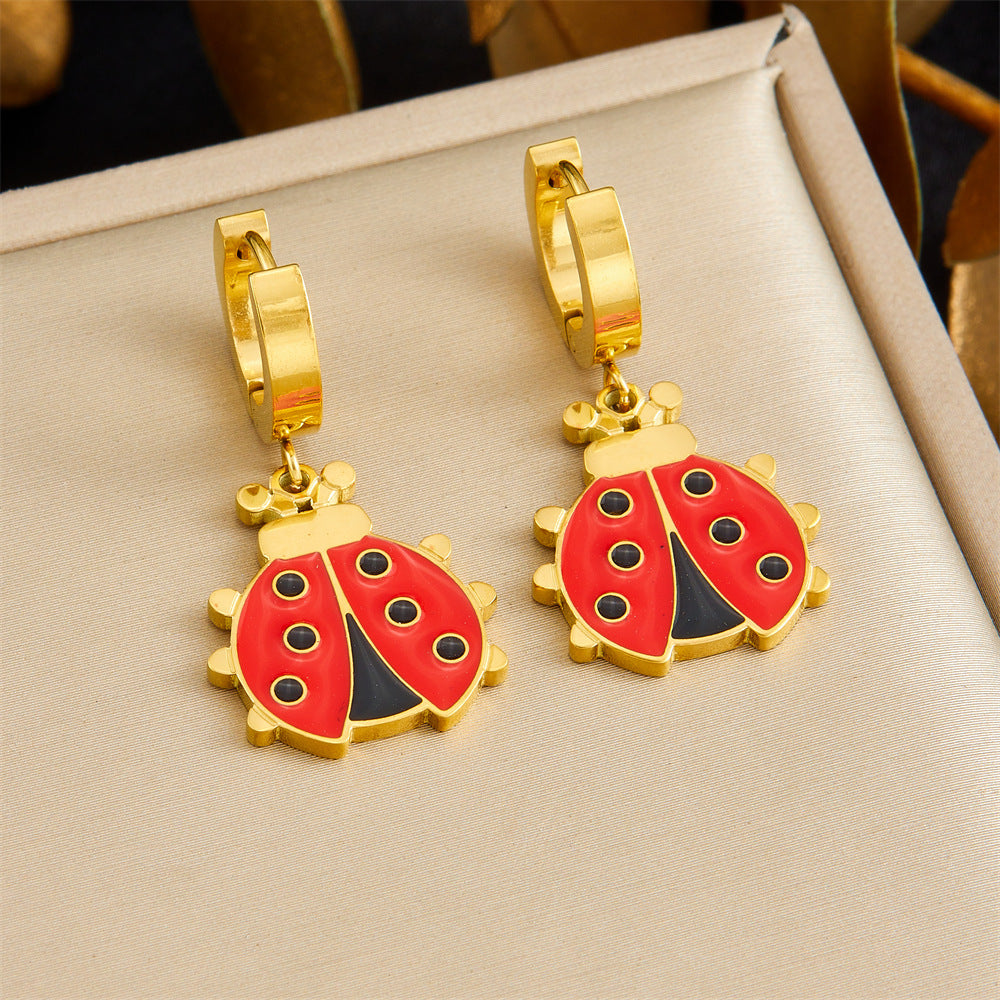 Fashion Cartoon Drip Oil Stainless Steel Butterfly Ladybug Bee Pendant Jewelry Set with Serpentine Chain for Women