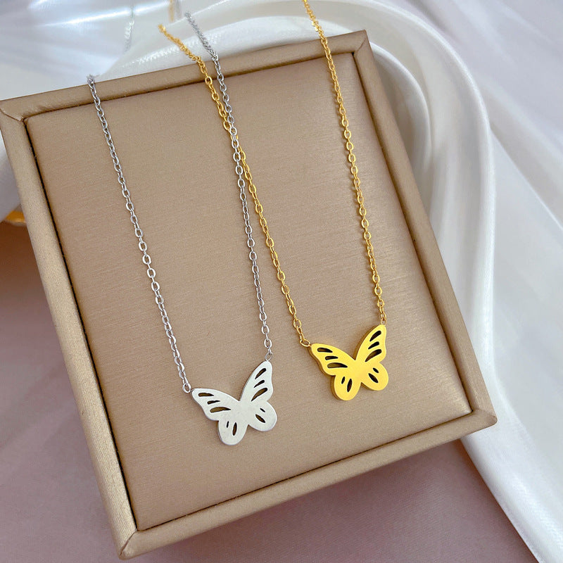 Minimalist Titanium Steel Hollow Butterfly Pendant Necklace for Women Gold-Plated Clavicle Chain with Floral Pattern